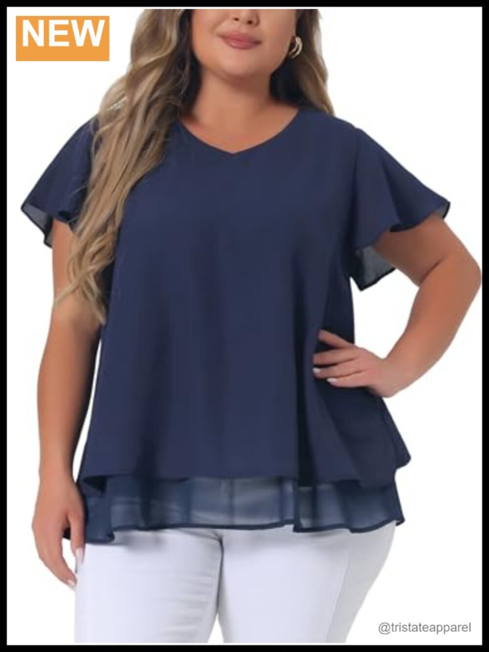 Plus Size V Neck Double Layered Hem Chiffon Blouse Short Sleeve Summer Top